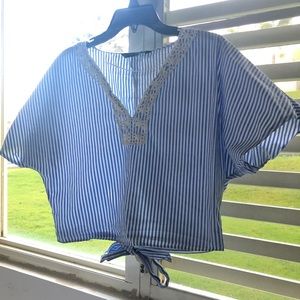Zara Basics White and Blue Stripped Blouse Medium